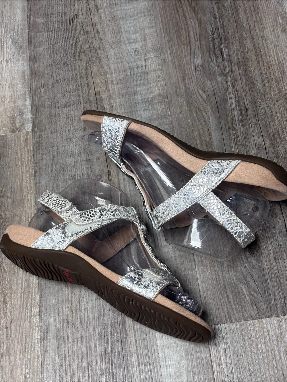Vionic Farrah Metallic Snake Print T-Strap Sandals with Silver Spiral Accents